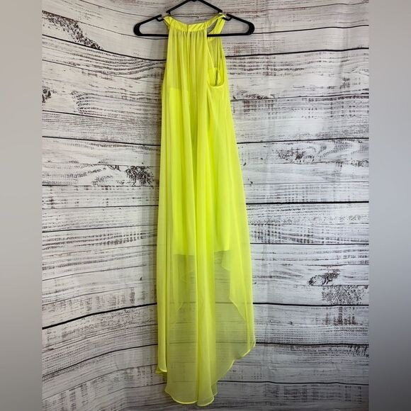Bebe Dress Womens Sz 4 lime green High low gemstone neckline rhinestone Chiffon - Picture 5 of 14